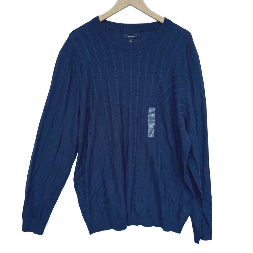 Alfani Mens XXL Neo Navy‎ Blue Merino Wool Blend Ribbed Crew Neck Sweater NEW